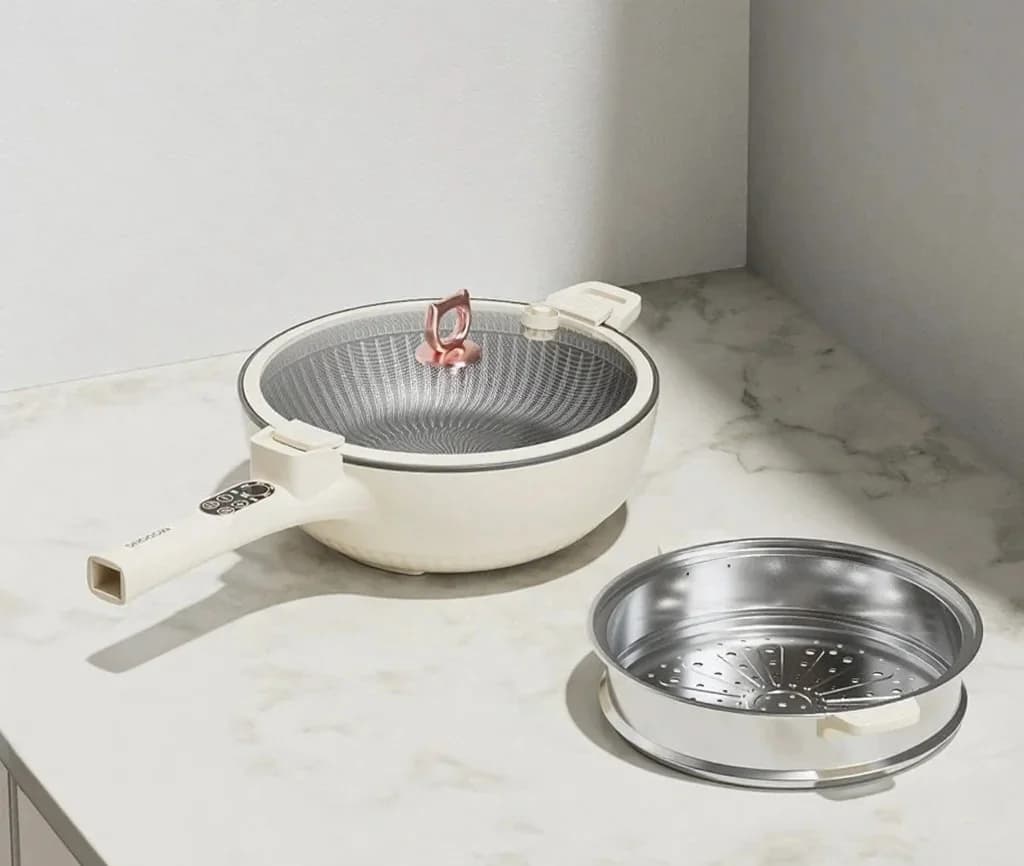 Panela elétrica de cozimento 6L com vaporizador de aço inoxidável