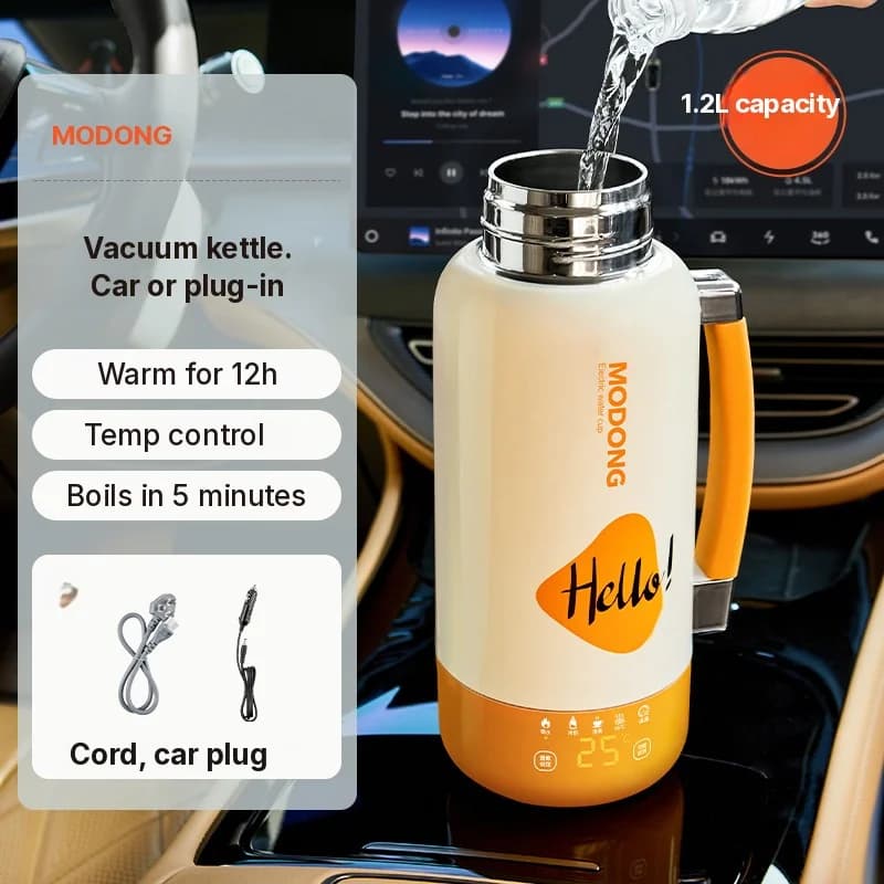 Caneca Kettle Elétrica Portátil para Carro e Tomada 1L Aço Inoxidável 316
