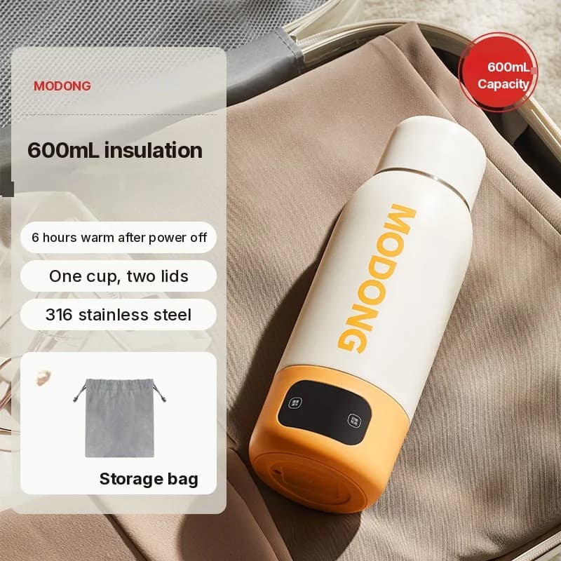 Copo Elétrico Portátil para Aquecer Água 600ml, Revestimento 316, Isolamento a Vácuo