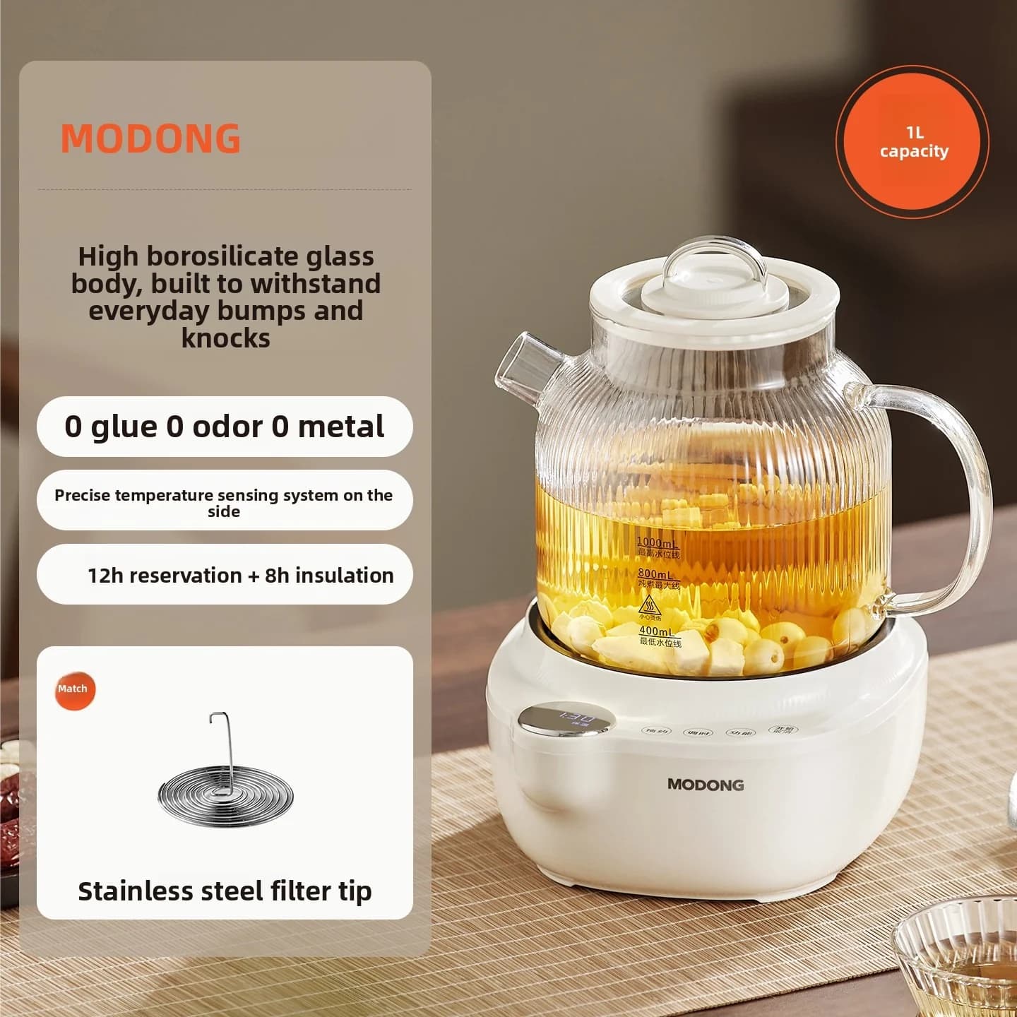 Panela de vidro elétrica para saúde com controle de temperatura e vaporizador de chá