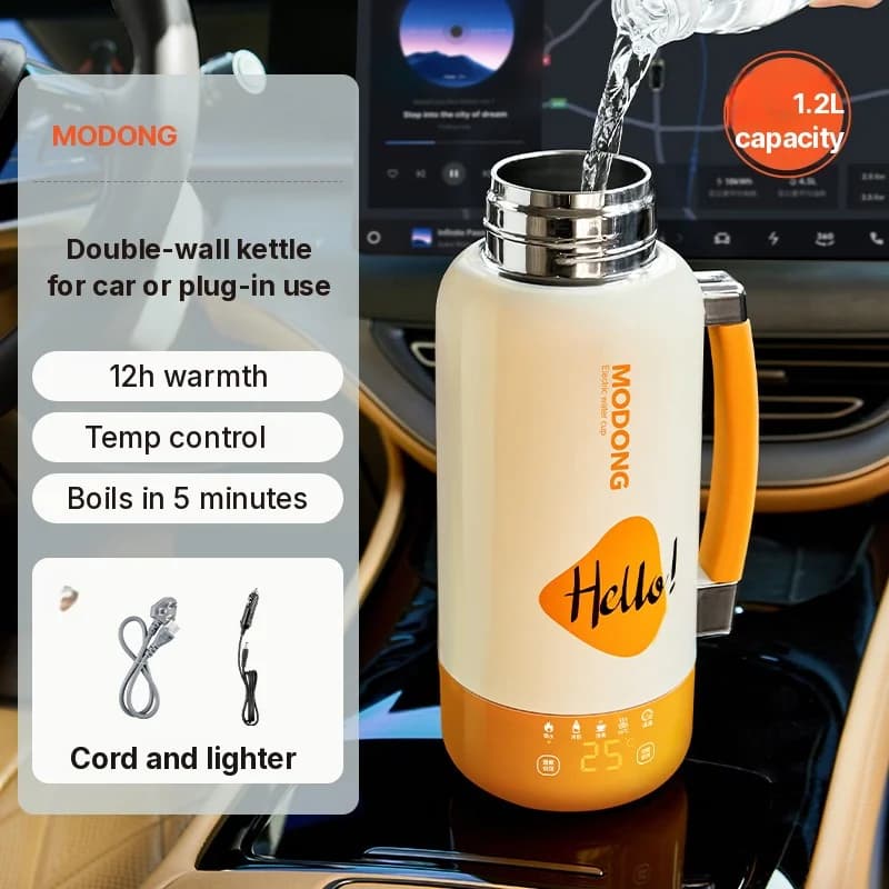 Copo Aquecedor Elétrico Portátil para Carro e Tomada 1L Aço Inoxidável 316