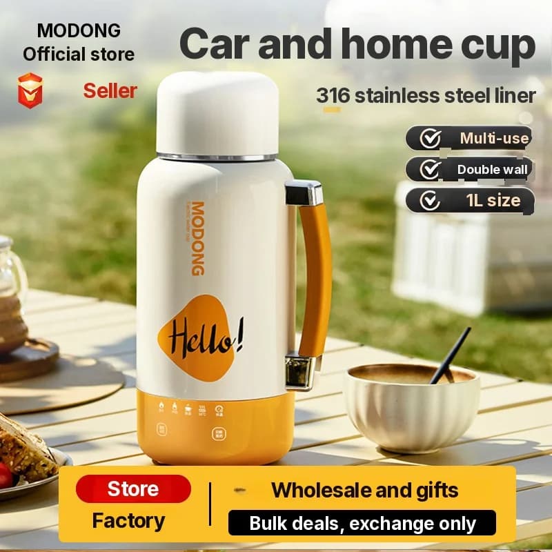 Caneca Kettle Elétrica Portátil para Carro e Tomada 1L Aço Inoxidável 316