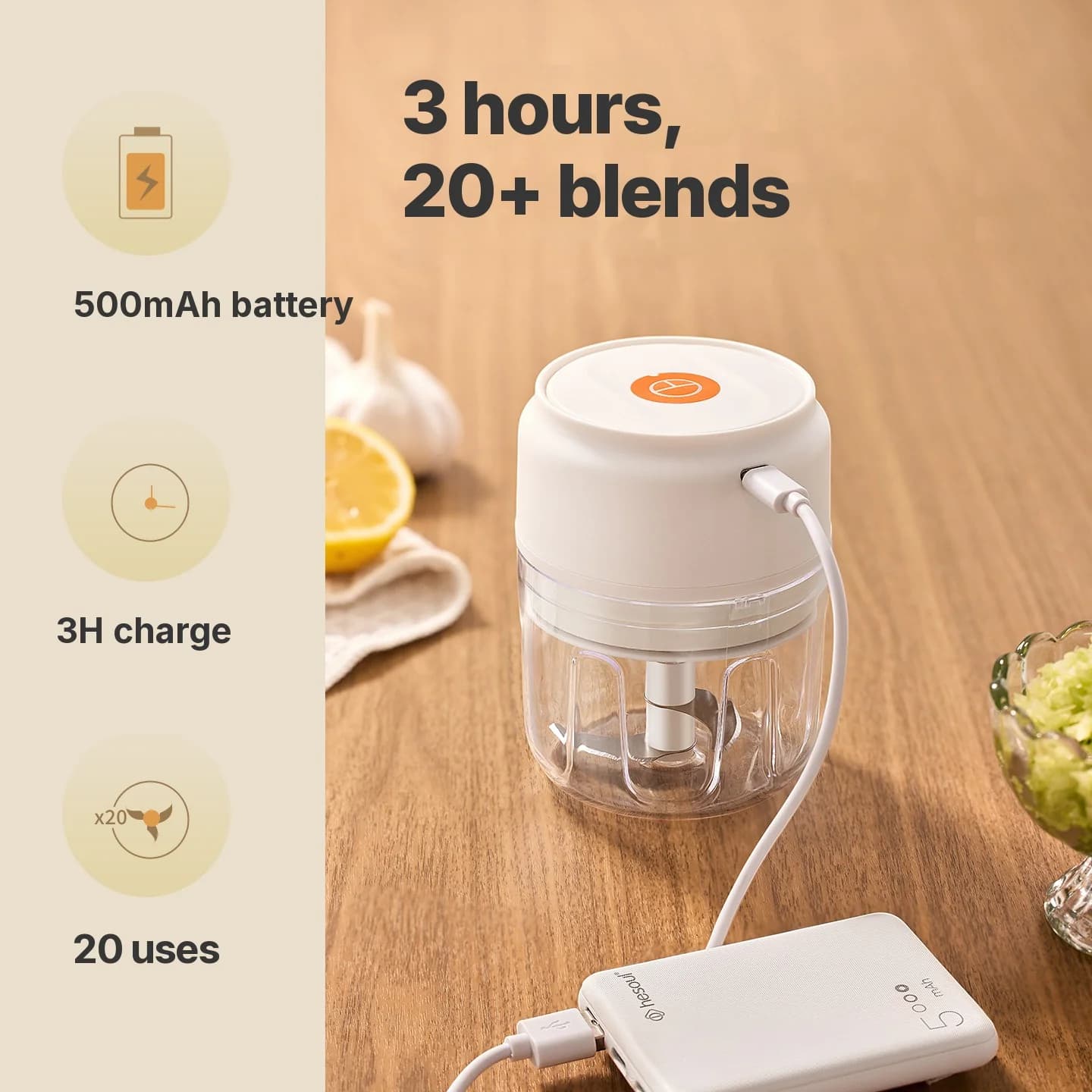 Copo Picador de Alho Elétrico Sem Fio 250mL 5V 30W Plástico
