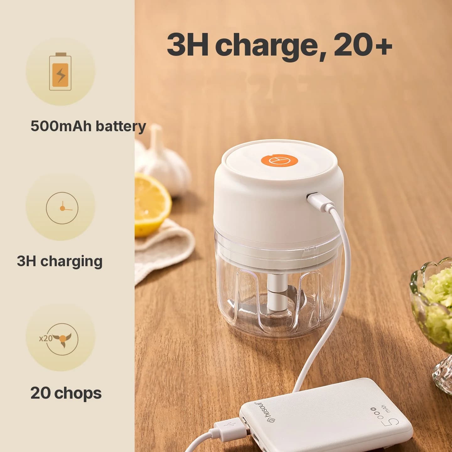 Copo Triturador de Alho Elétrico Sem Fio 250mL 5V 30W Plástico