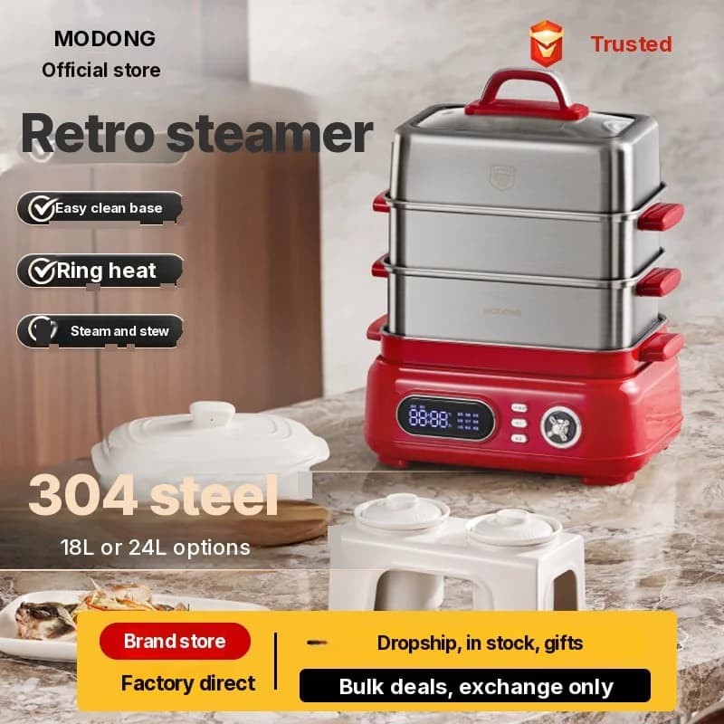 Cozedor a Vapor Elétrico em Aço Inoxidável 18L 24L Dupla ou Tripla Camada