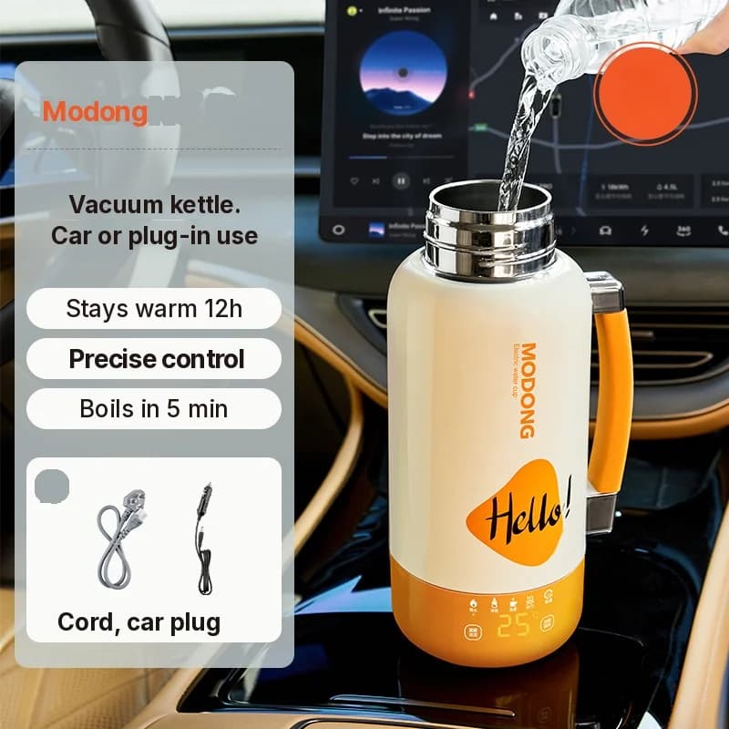 Caneca Kettle Elétrica Portátil para Carro e Tomada 1L Aço Inoxidável 316