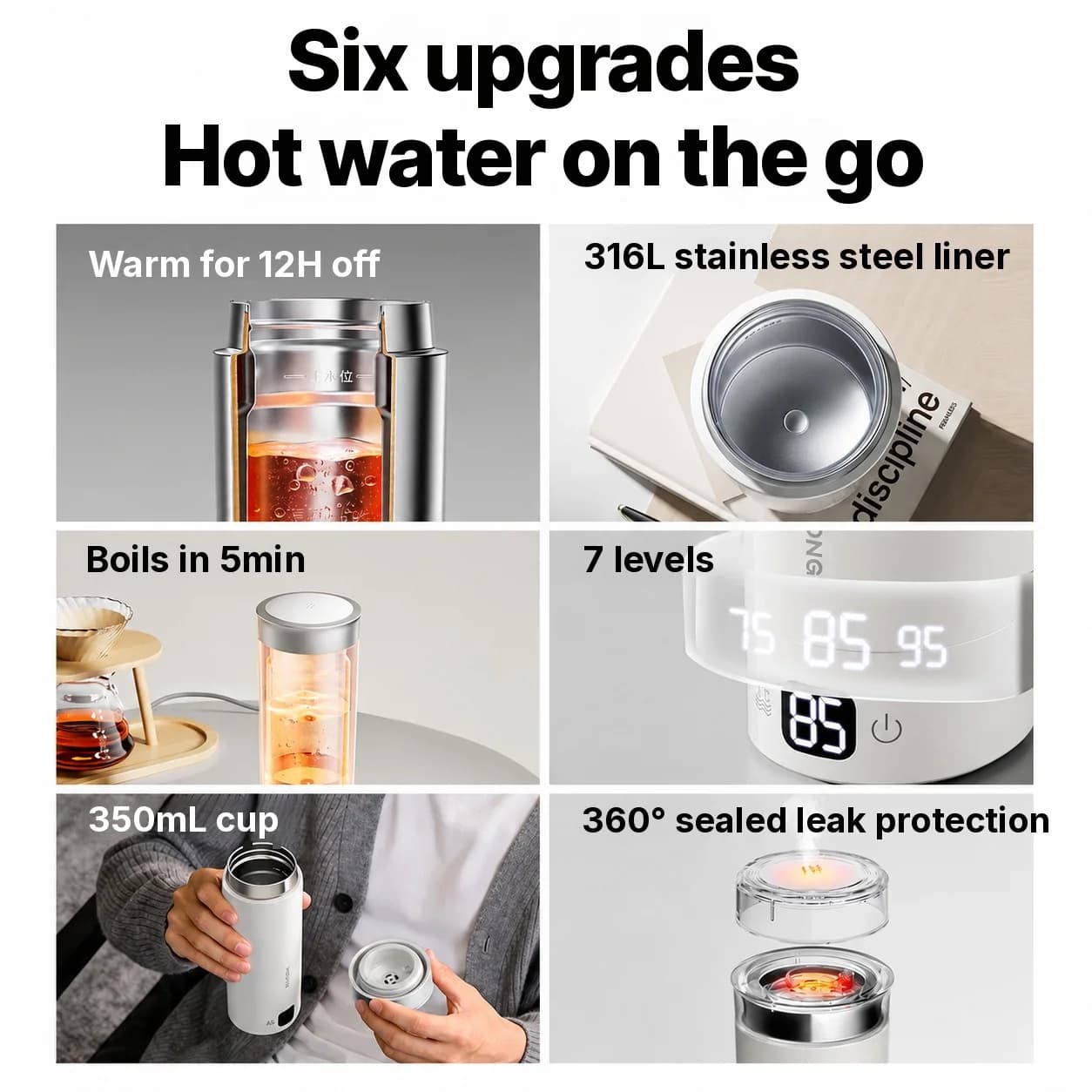Copo elétrico portátil para aquecer água 350ml em aço inoxidável 316L