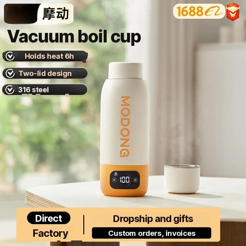 Copo Elétrico Portátil para Aquecer Água 600ml, Revestimento 316, Isolamento a Vácuo