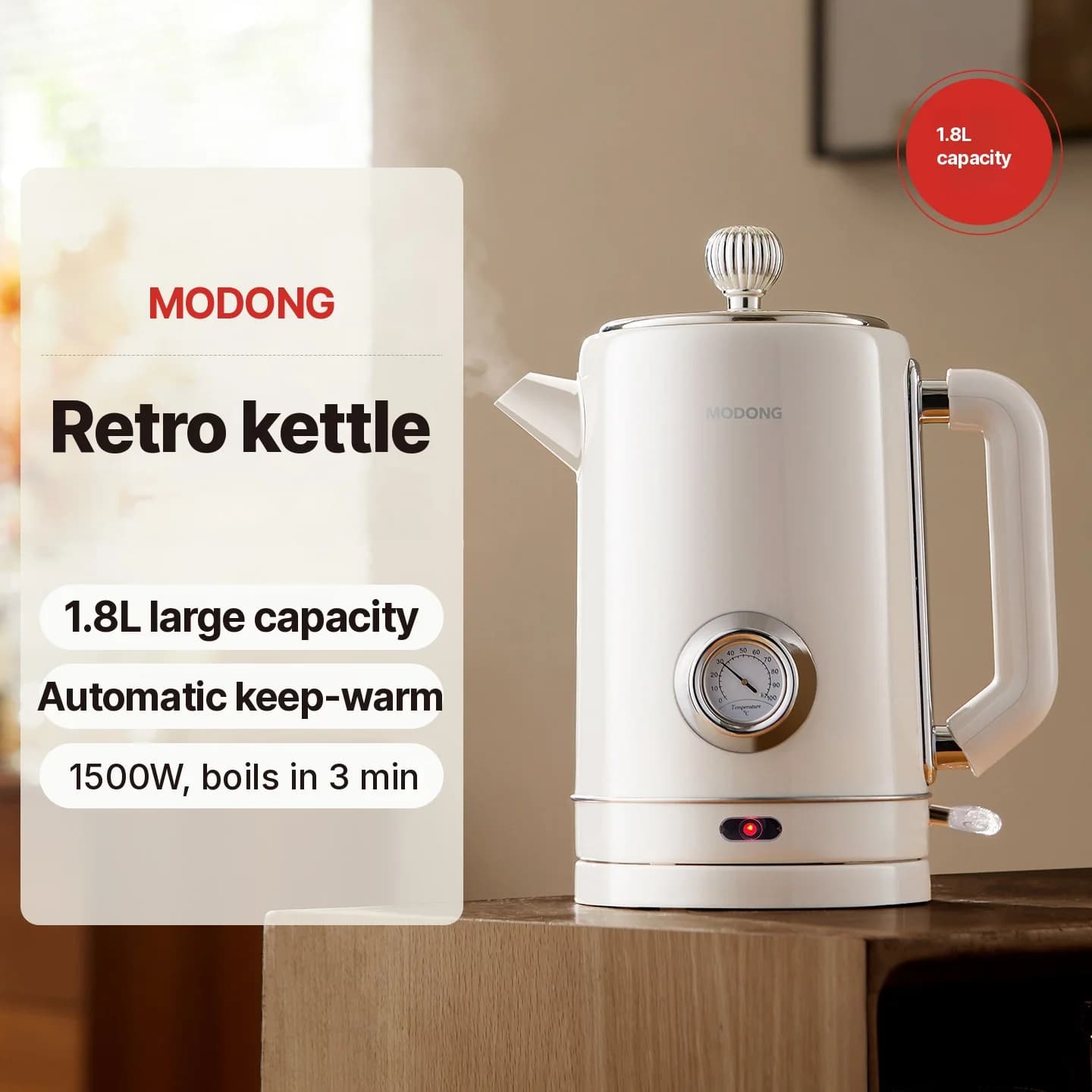 Chaleira Elétrica de Aço Inoxidável 304 1.8L Manter Aquecido 1500W