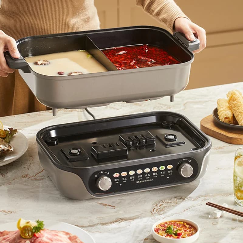Panela Elétrica Hot Pot Bipartida, Controle com Dois Botões, 8L, Preta