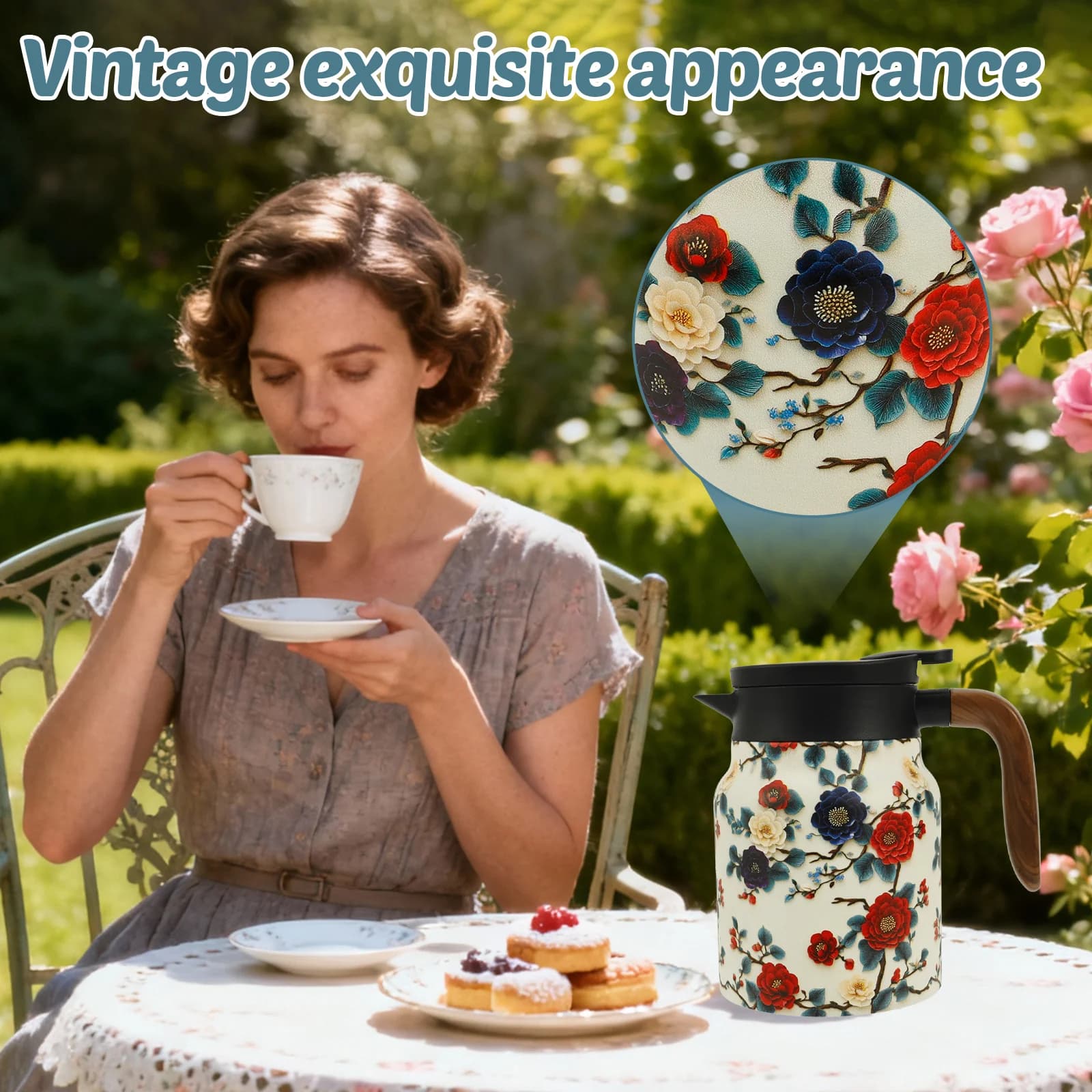 Conjunto de Garrafa Térmica Floral Vintage para Chá